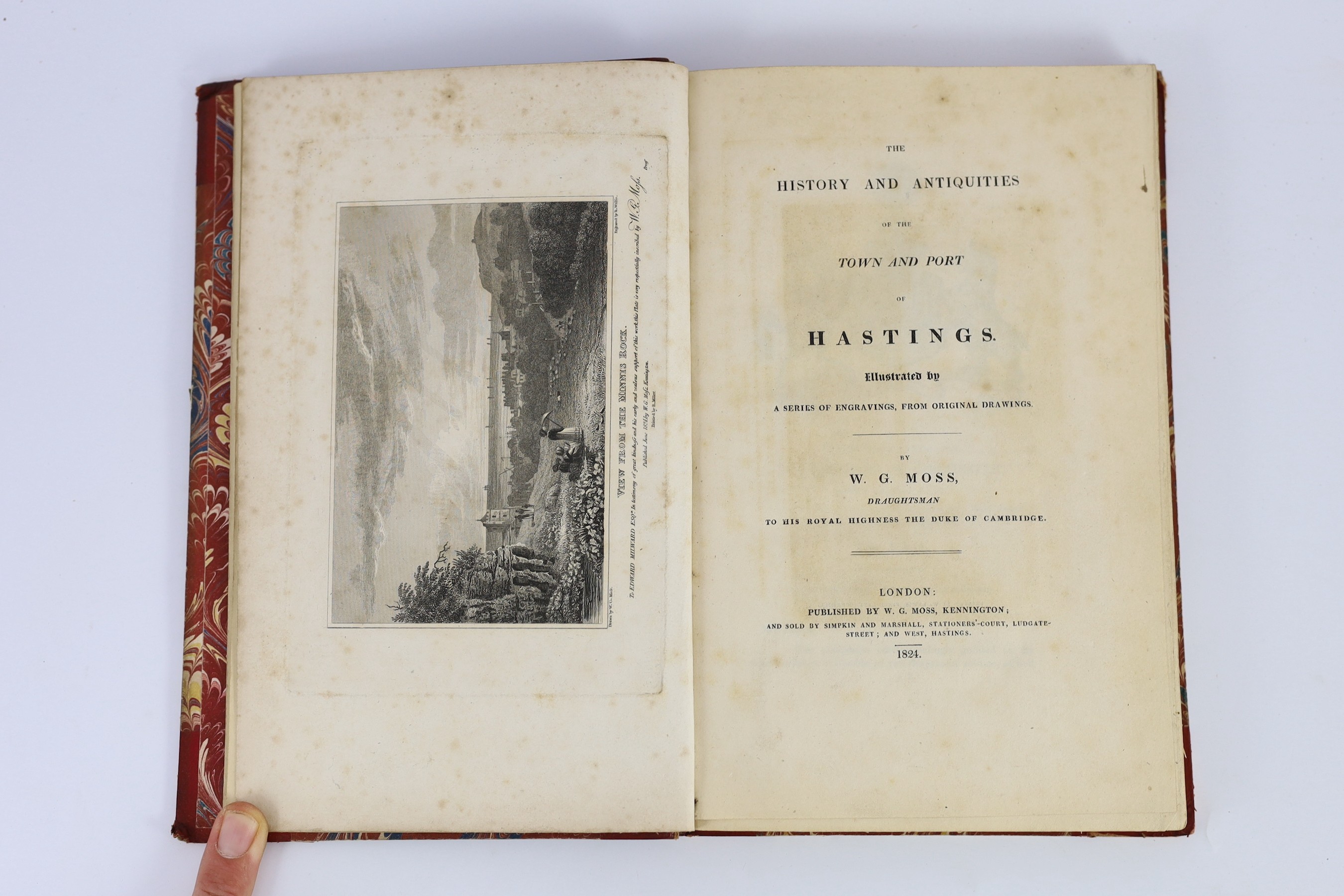 HASTINGS: Moss, W.G. - The History and Antiquities of the Town and Port of Hastings ... folded pictorial plan, 19 plates, subscribers list: old red half morocco and marbled boards, gilt top and marbled e/ps. published by